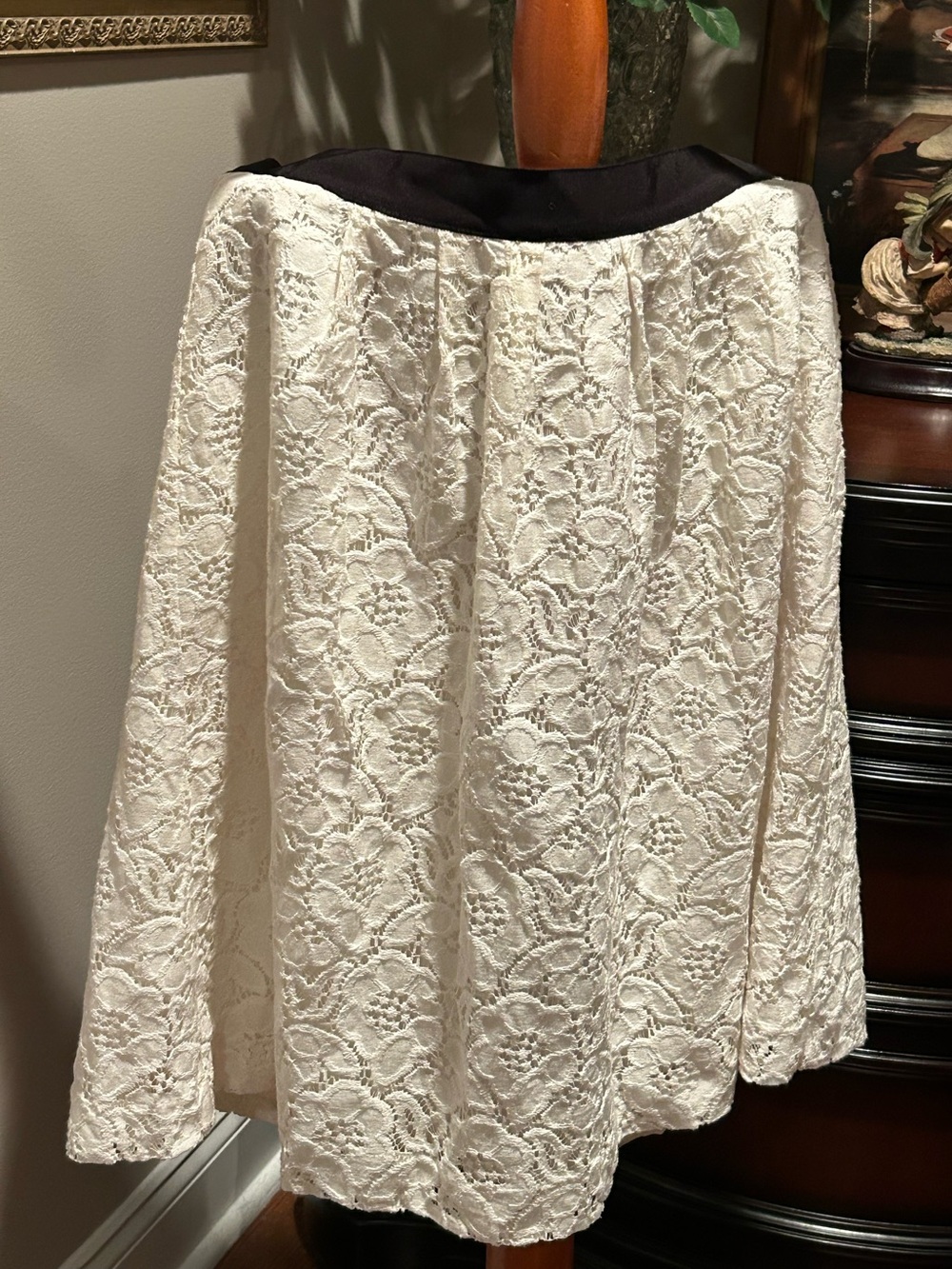 LOFT Ivory Lace Skater Skirt with Black Waistband